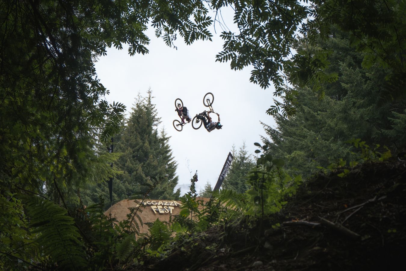 Two mountain bikers backflipping at McGazza Fest, framed by trees