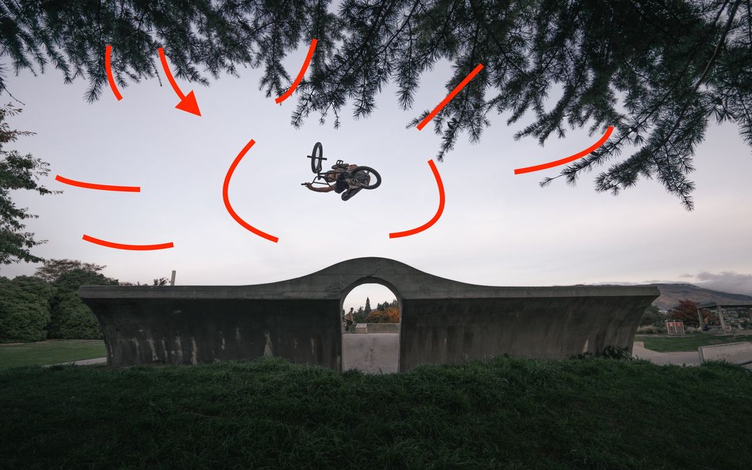 BMX rider mid air with red markup showing where the eye is led